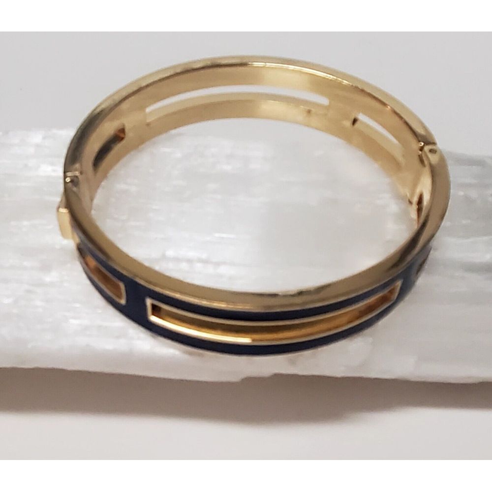 J. Crew Bracelet Hinged with Lock Navy Blue Enamel Gold Pierced Panels Bordered - Picture 3 of 12